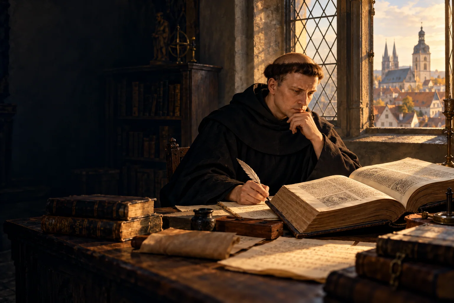 Representação artística de Lutero estudando a Bíblia e escrevendo em um ambiente do século XVI